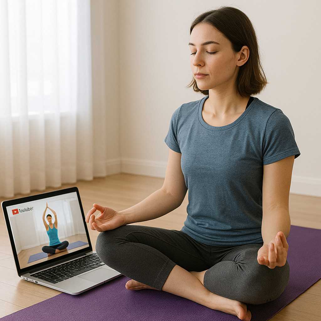 Frau macht Yoga mit Laptop